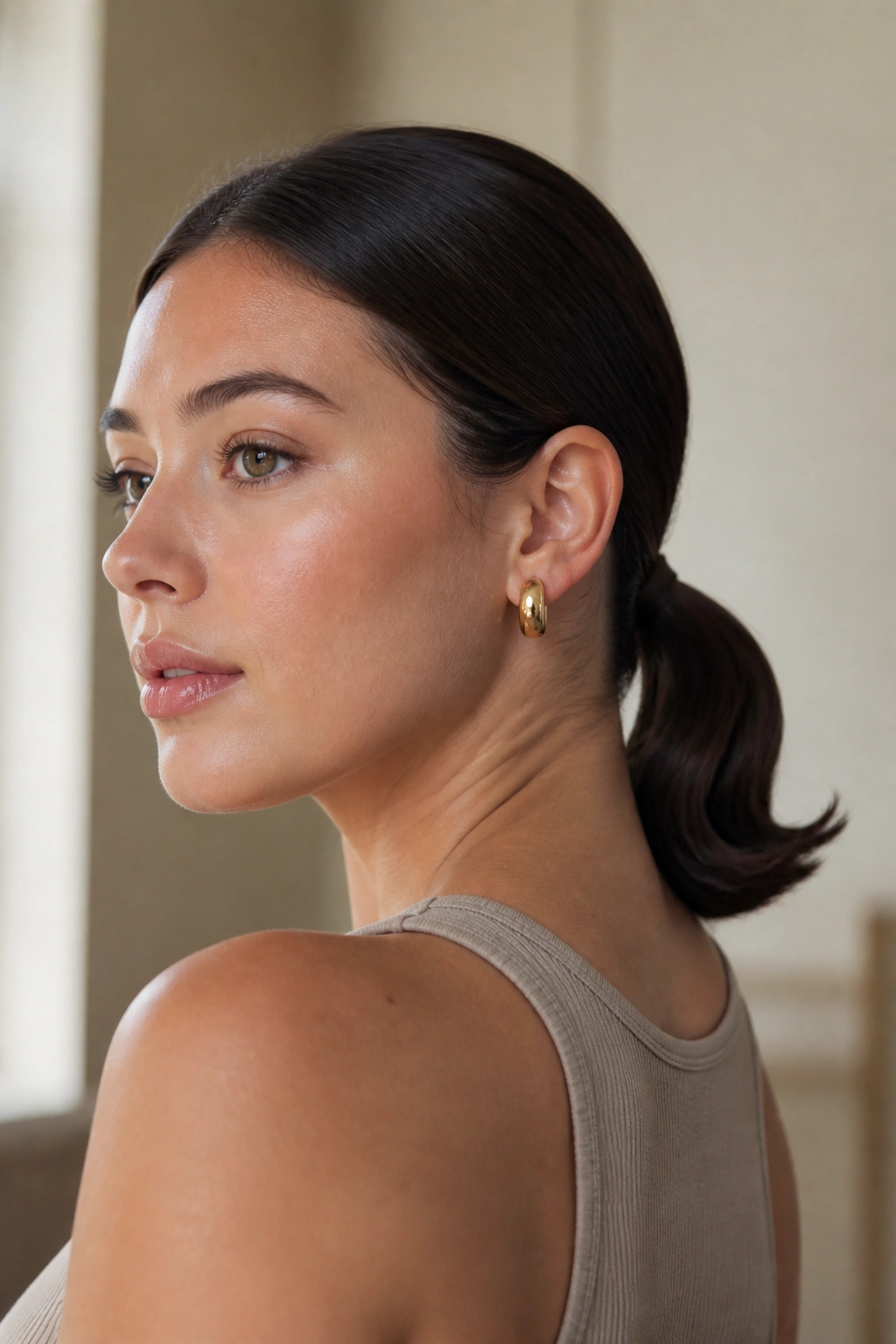 Close-up of a real woman with a sleek low ponytail and flipped ends at the nape