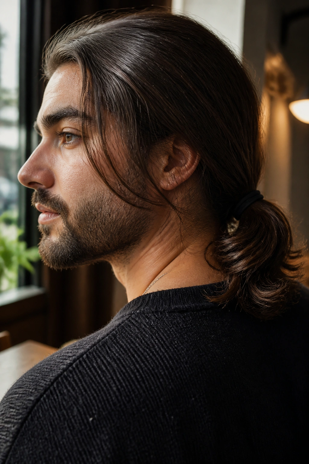 Man with a low ponytail and soft-ended strands in warm cafe light.
