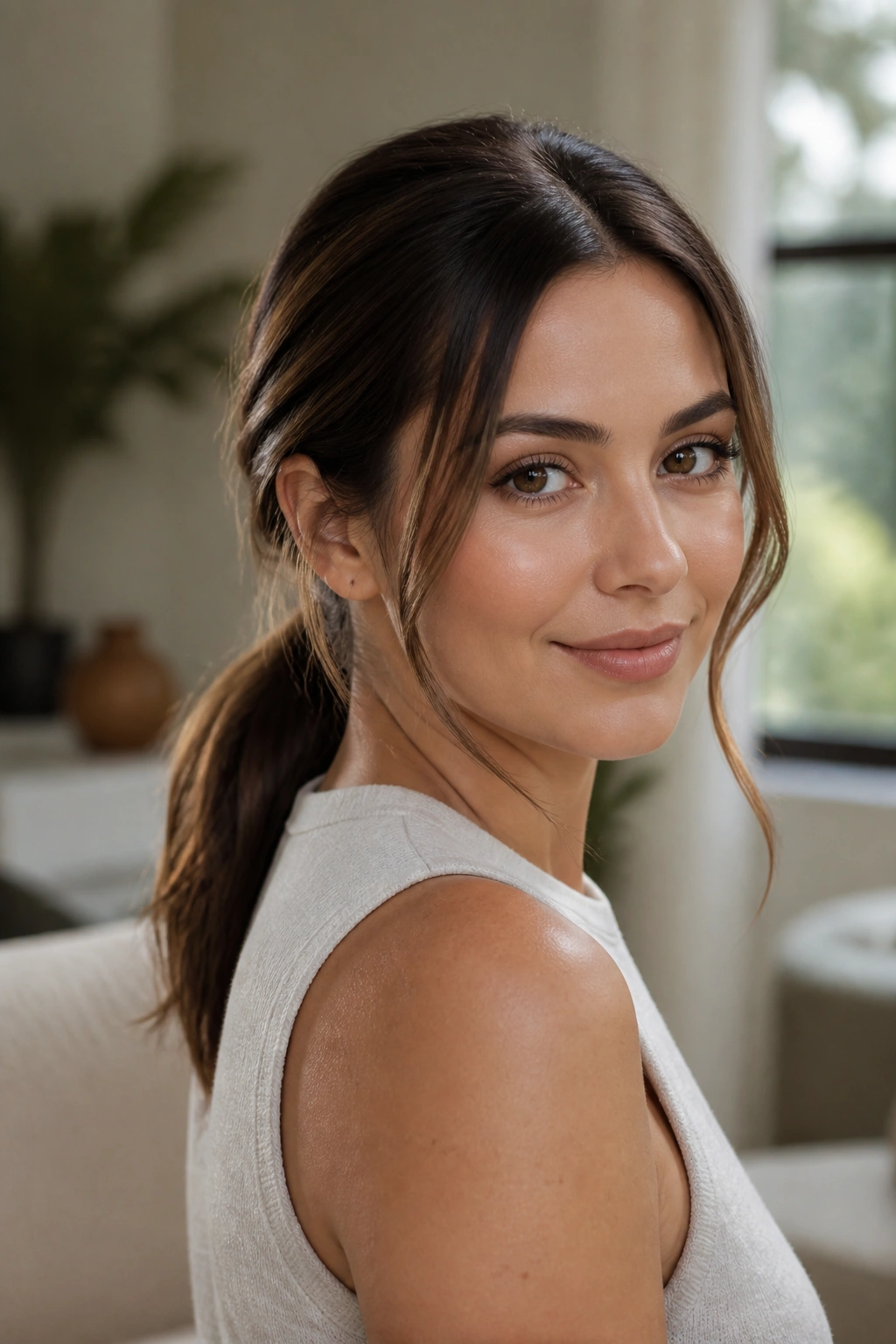 Close-up of a real woman with a low ponytail and delicate front pieces framing the face
