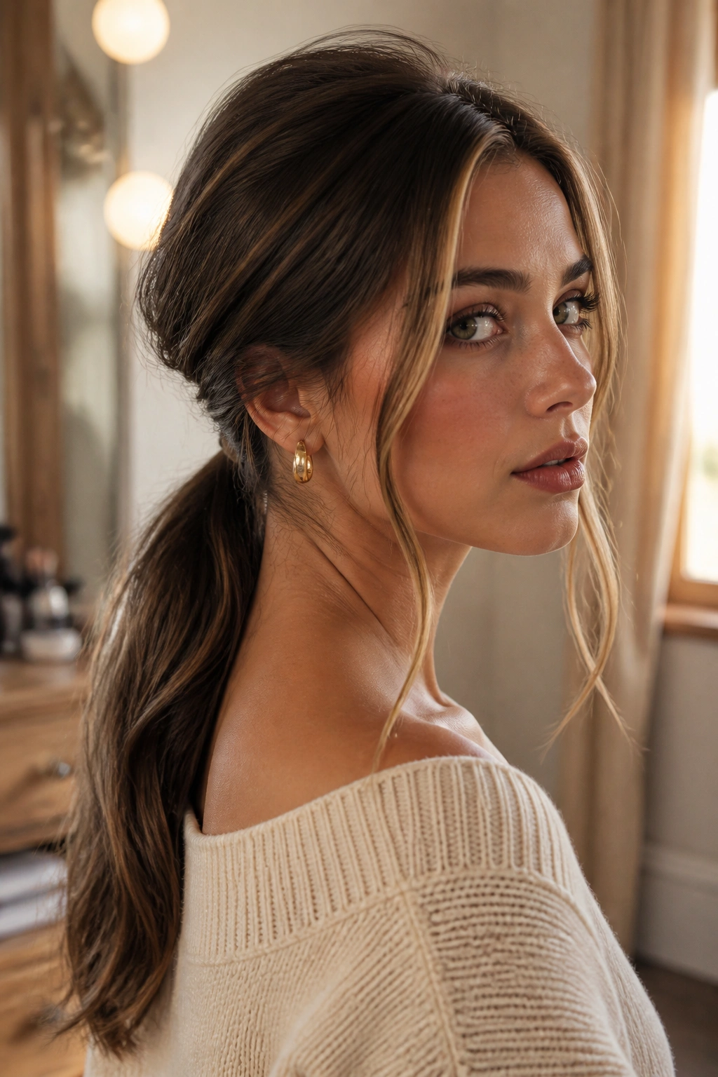 Close-up of a woman with a low ponytail and face-framing ribbons in a cozy room
