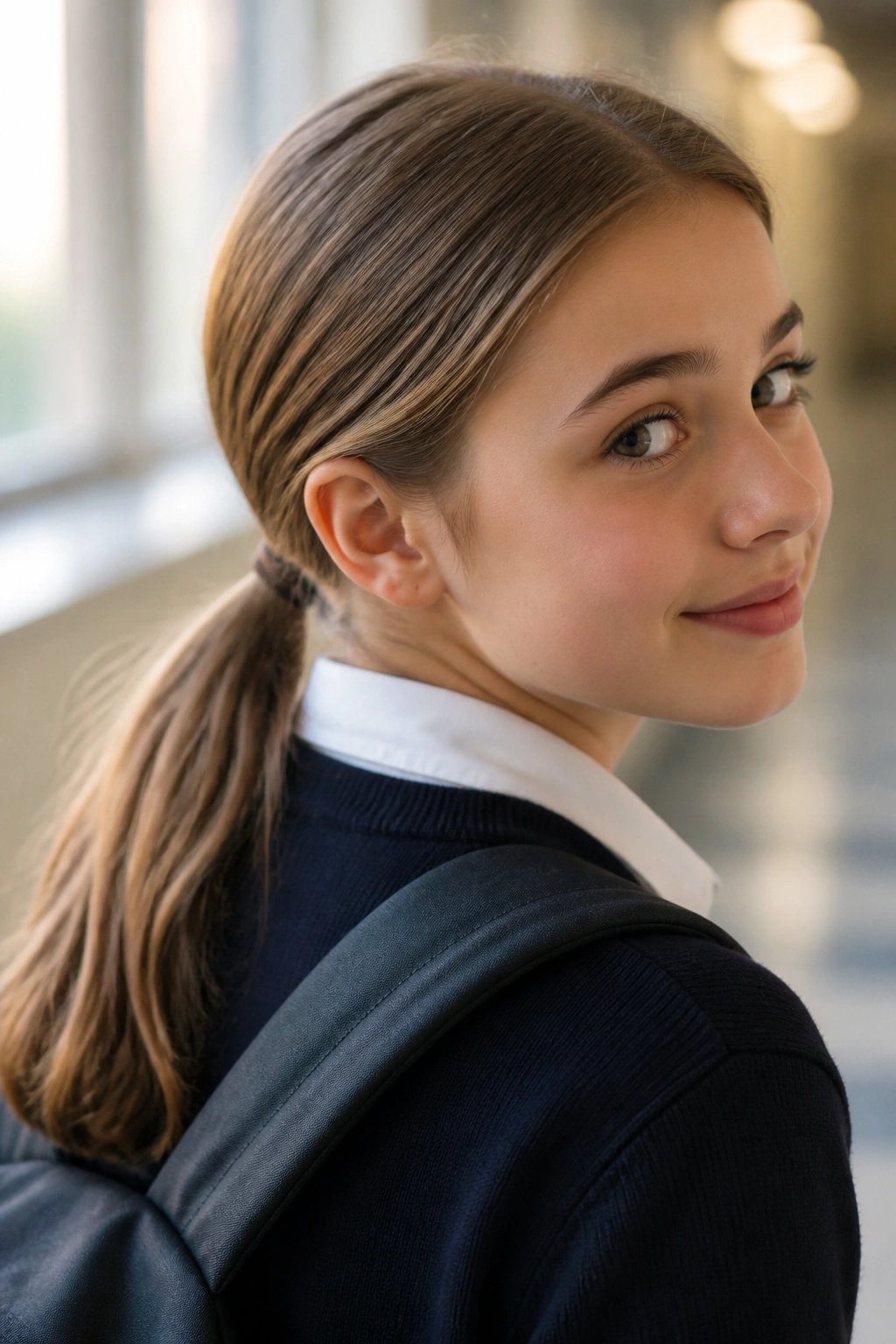 Close-up of a real student with a low ponytail at the nape in a school hallway.