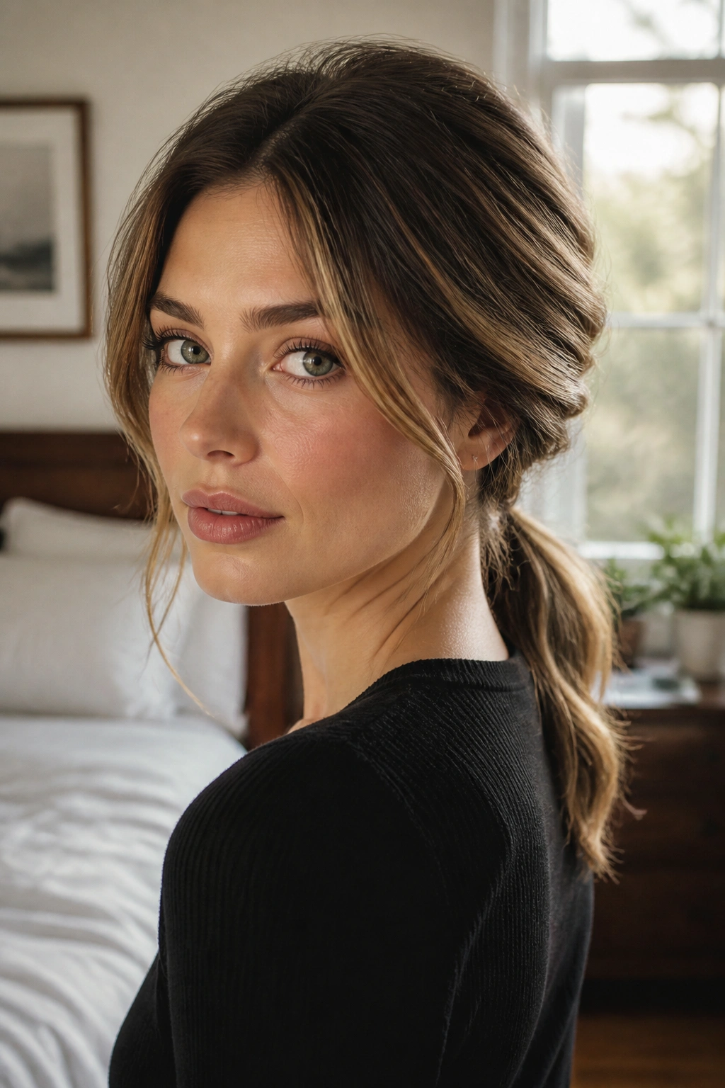 Close-up of a real woman with a low ponytail and side-volume at the temples.