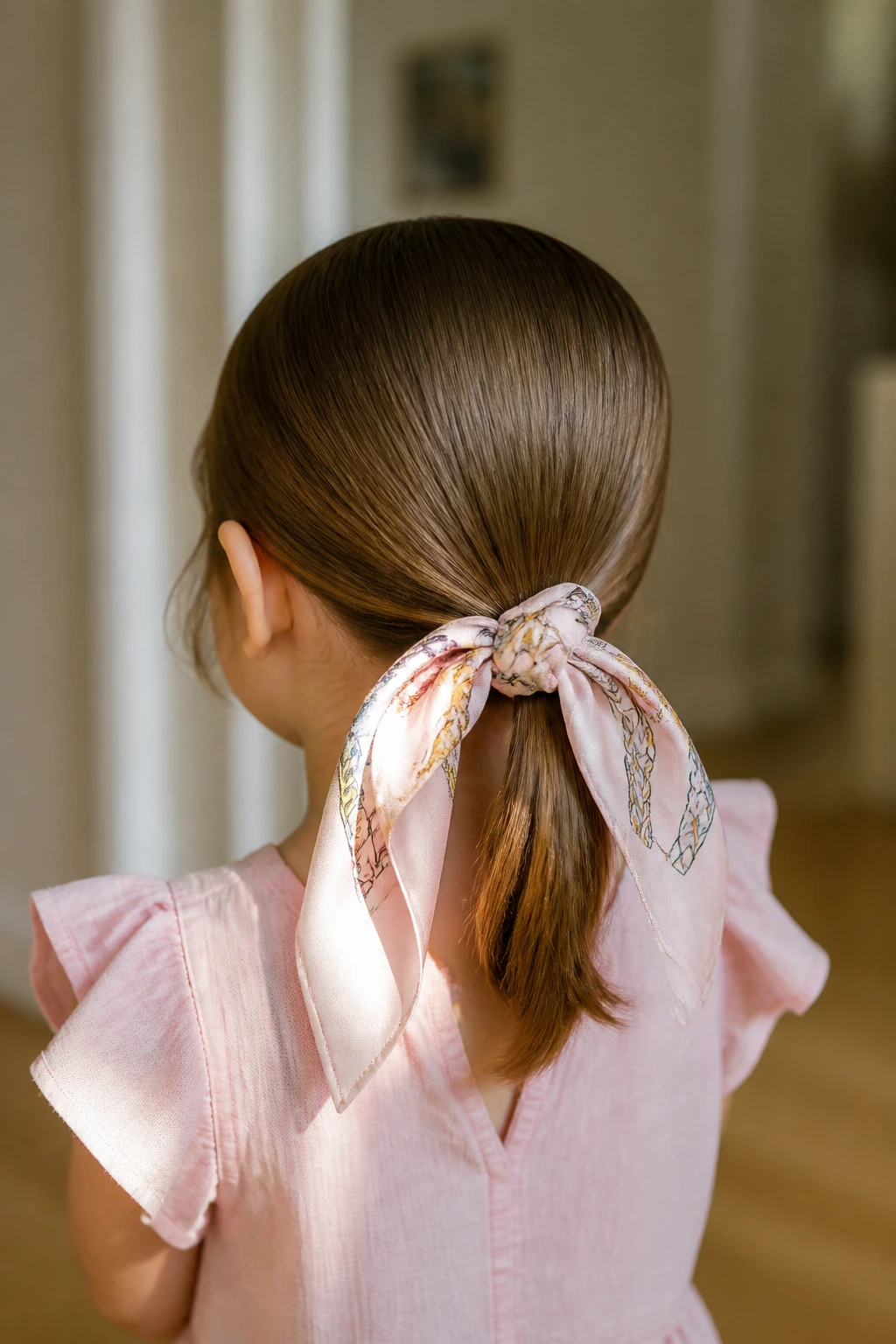Back view of a child with a sleek low ponytail and silk scarf