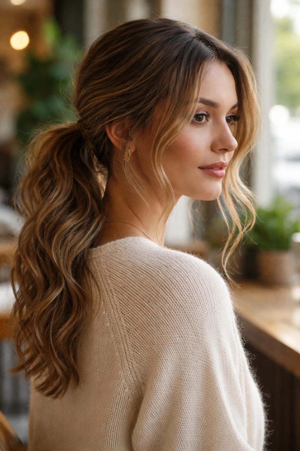 Real woman with low textured ponytail and face-framing pieces