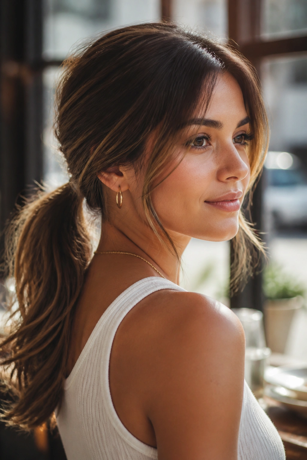 Close-up of a real woman with a low ponytail and face-framing pieces
