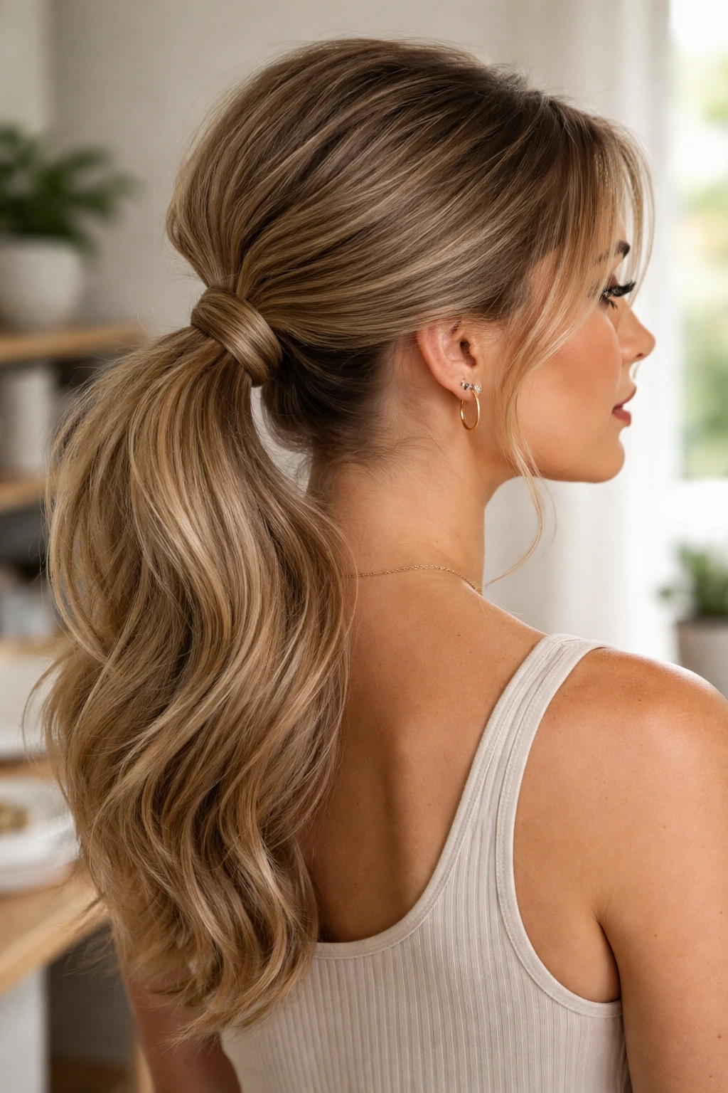 Close up of real woman's low ponytail with volume
