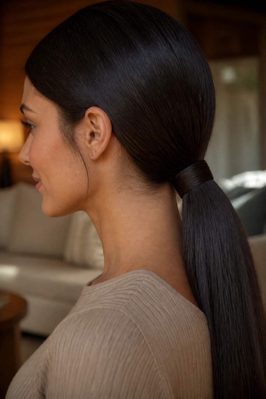Real woman wearing a low straight ponytail with a wrapped base.
