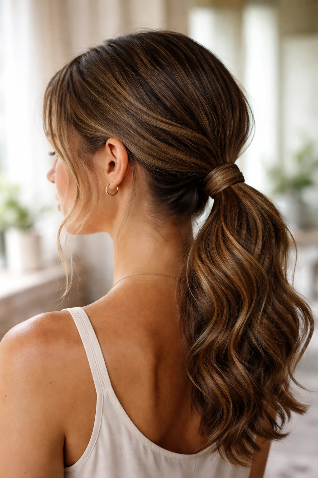 Low Ponytail Wrapped Base hairstyle on a real woman with wrapped elastic