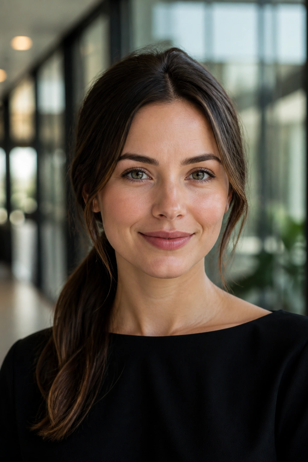 Close-up portrait of a real woman with a low ponytail wrapped base in an office setting