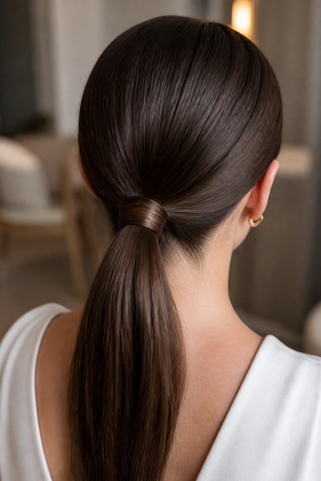 Rear view of a real woman with a low ponytail wrapped base at the nape.