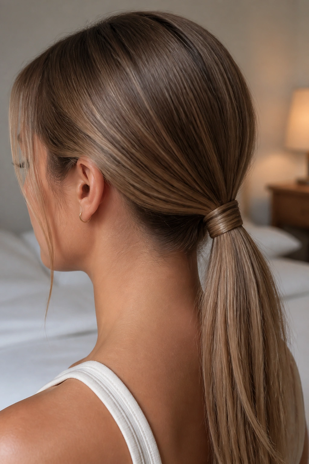 Close-up of a woman with a low ponytail wrapped base