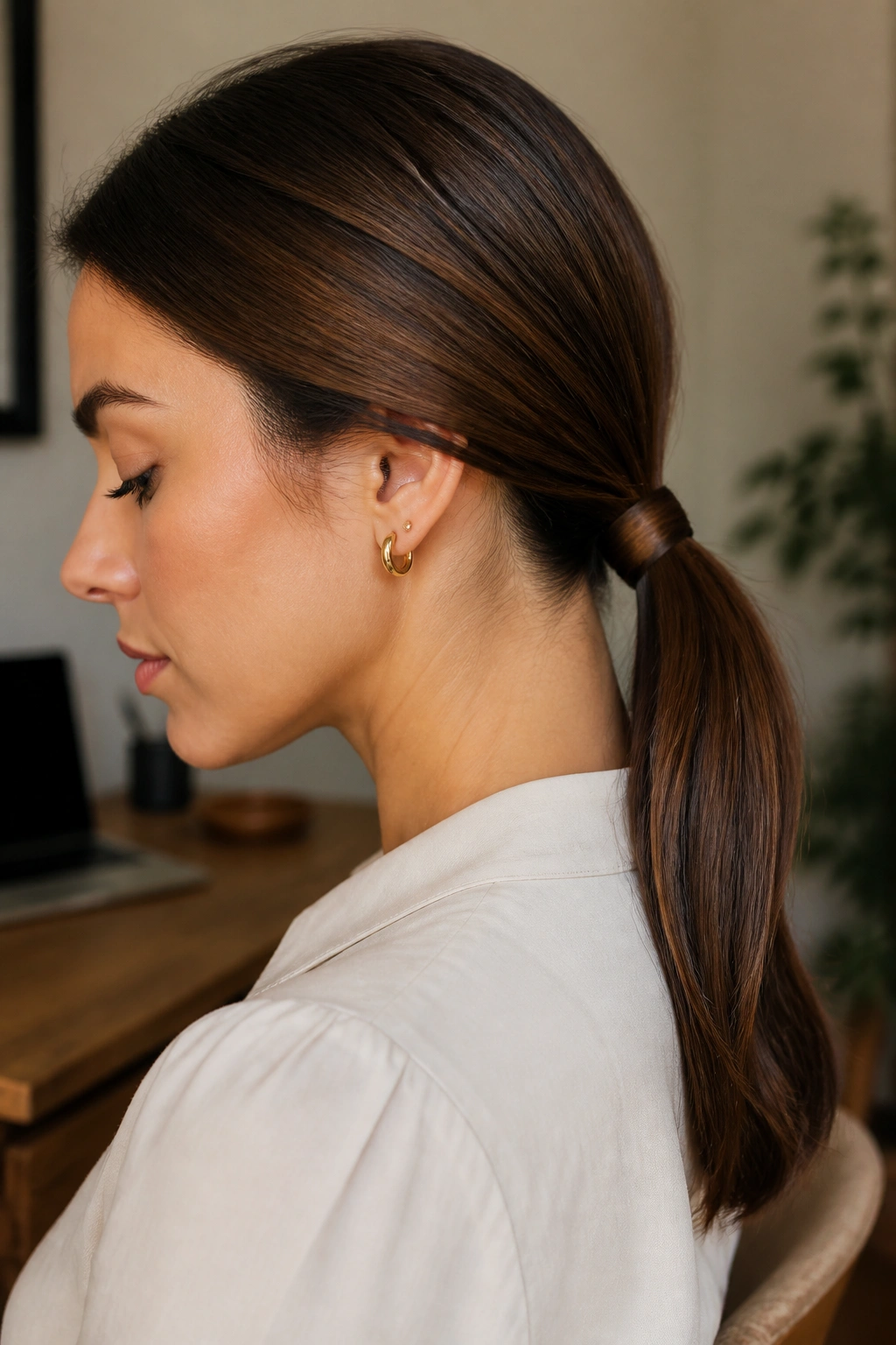 Close-up portrait of a real person with a low ponytail and wrapped base