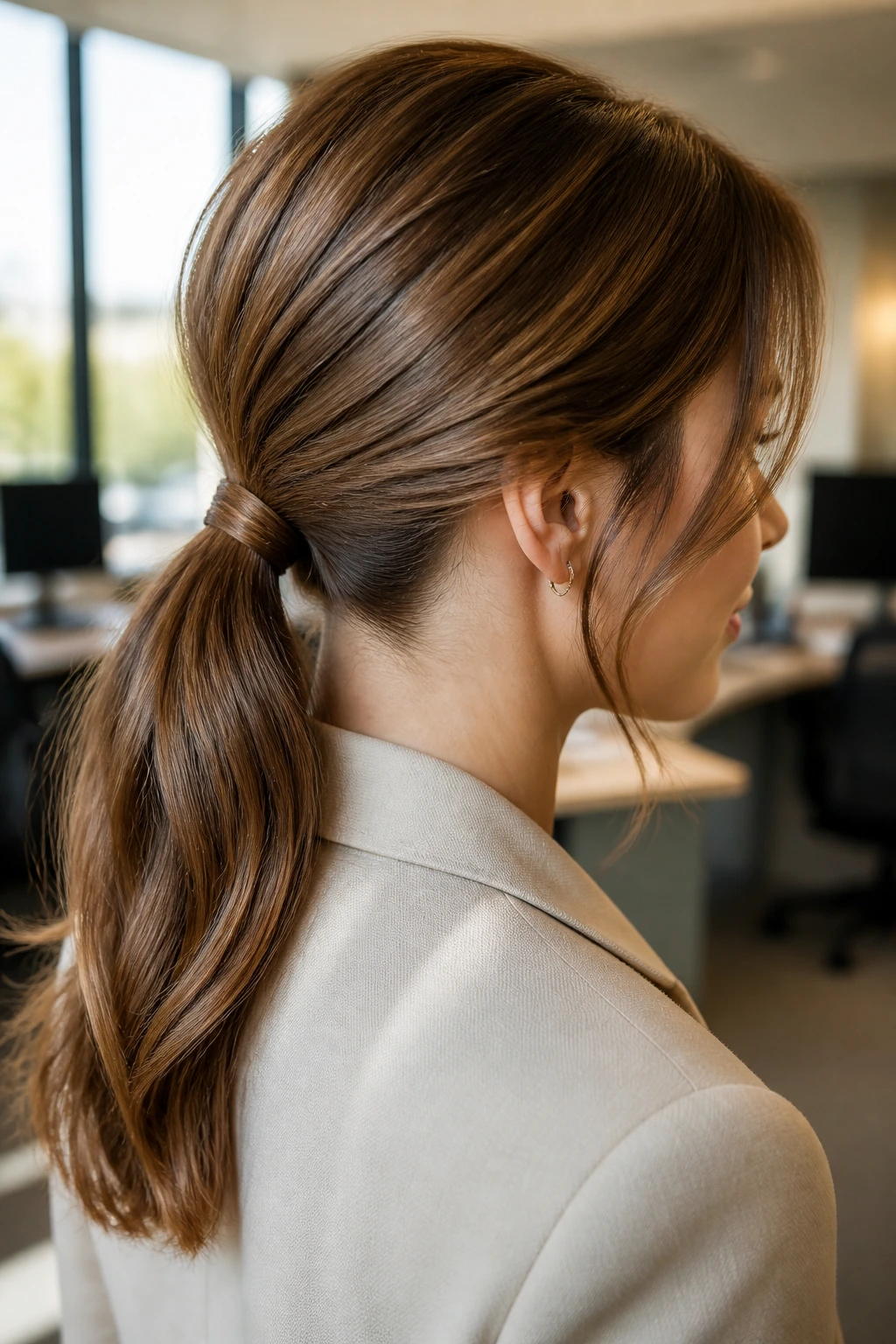 Close-up of a real woman with a low ponytail wrapped base hairstyle