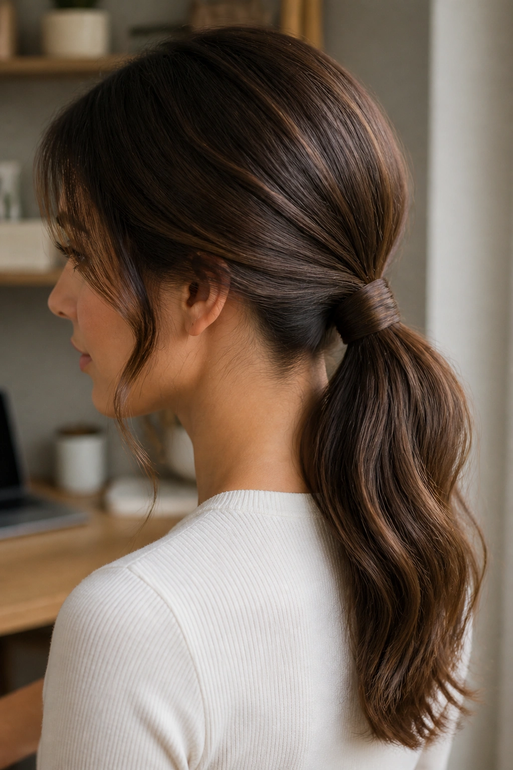 Close-up of real woman with low wrapped ponytail at nape, warm natural light