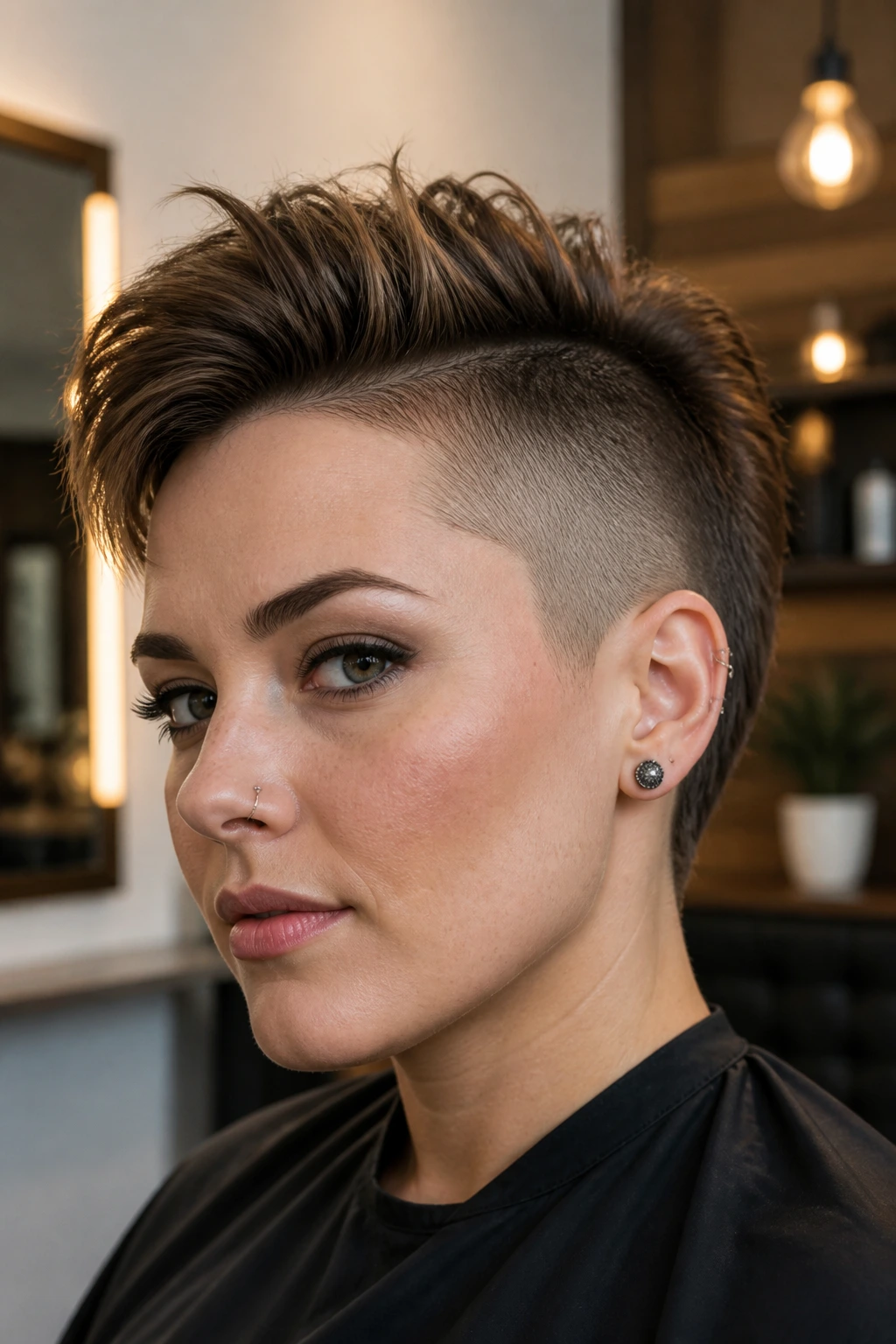 Close-up portrait of a real person with a low-profile mohawk and longer front