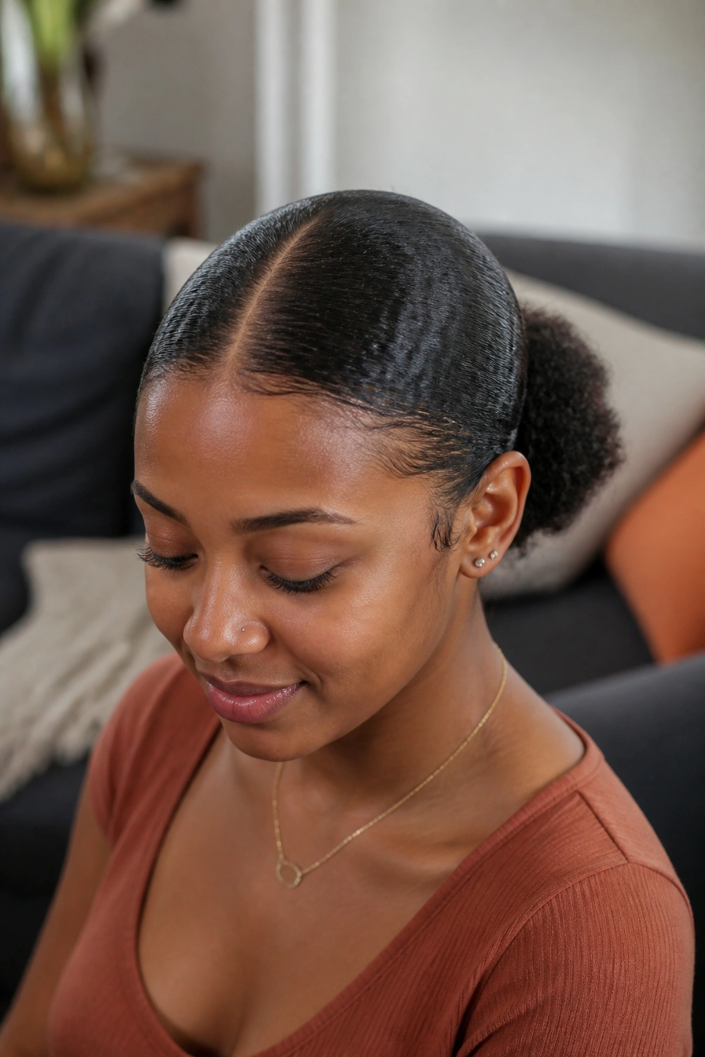 Close-up portrait of a real person with a center-part and a low puff at the crown.
