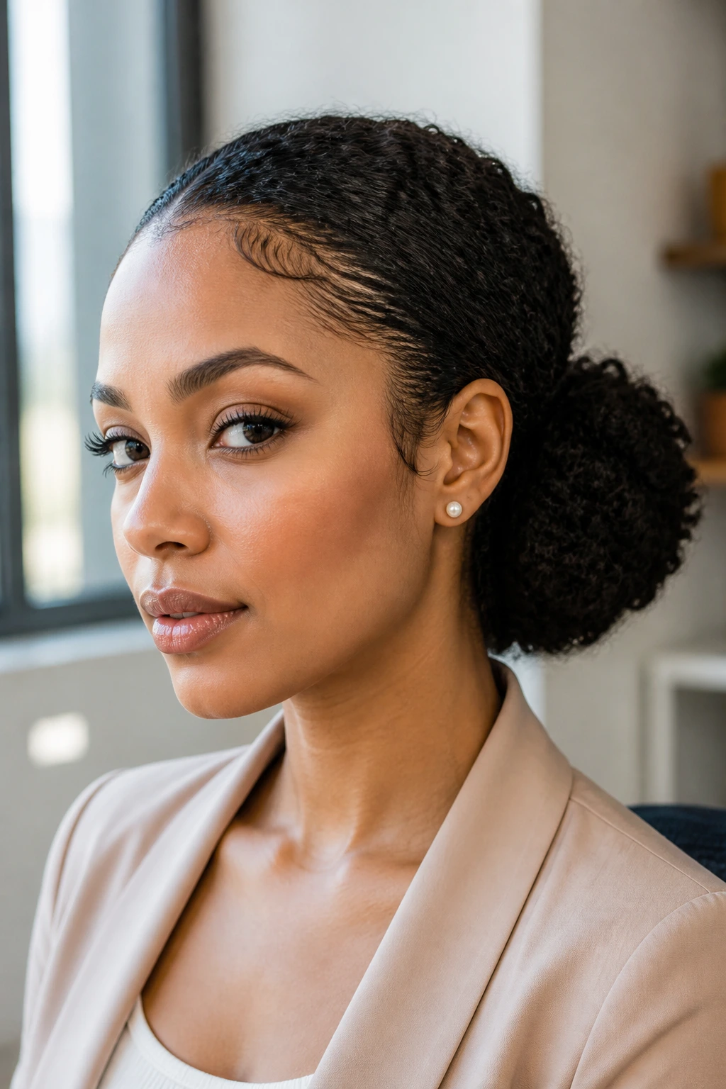 Close-up of low puff at nape with refreshed crown on a real person in daylight