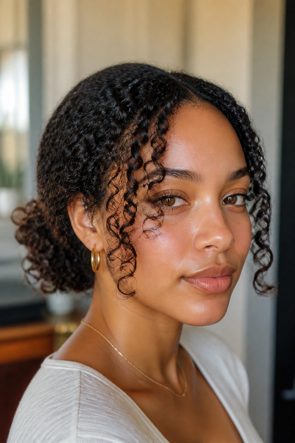 Portrait of a real woman with a low puff and face-framing curls in a cozy home setting