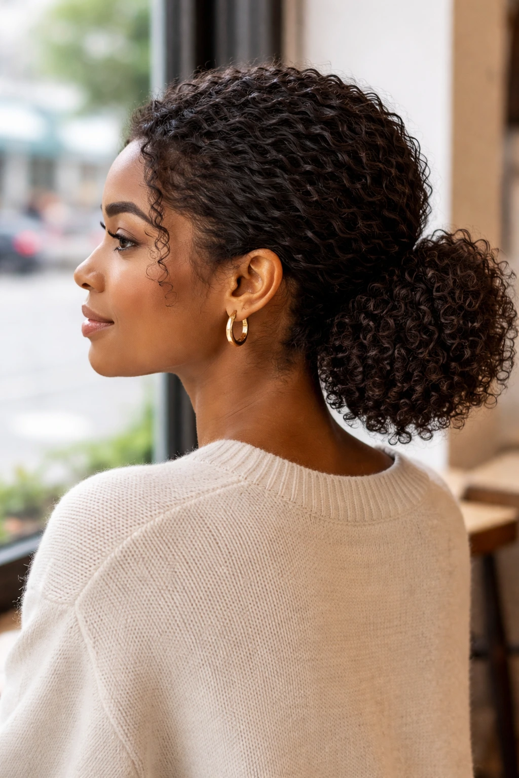 Close-up of a real woman's low puff hairstyle at the nape