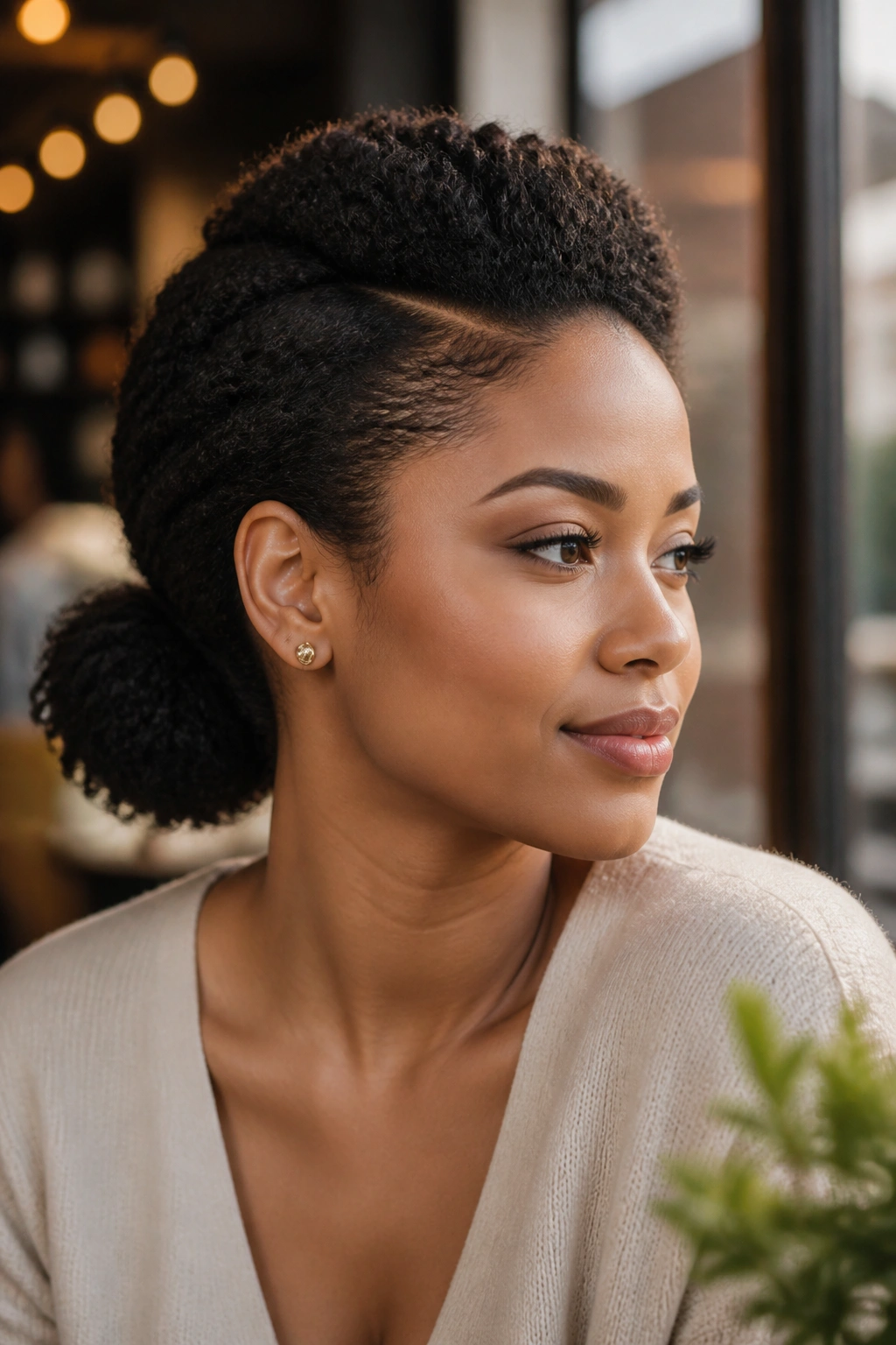 Close-up of a real person with a low puff and lifted crown