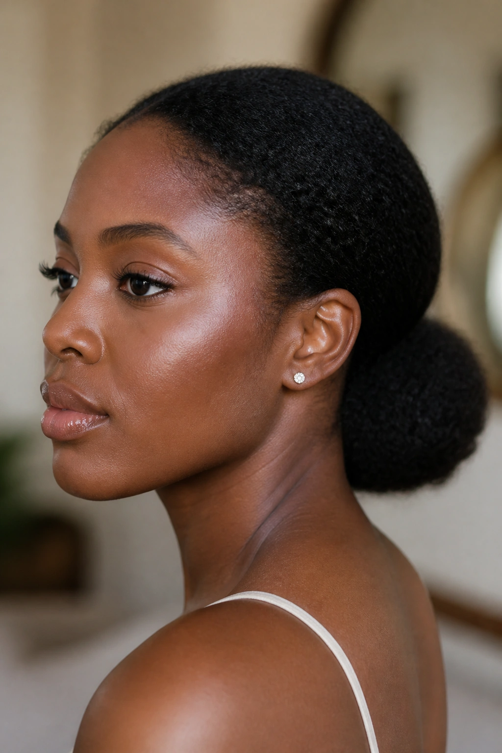 Close-up of a real woman with a low puff at the nape.