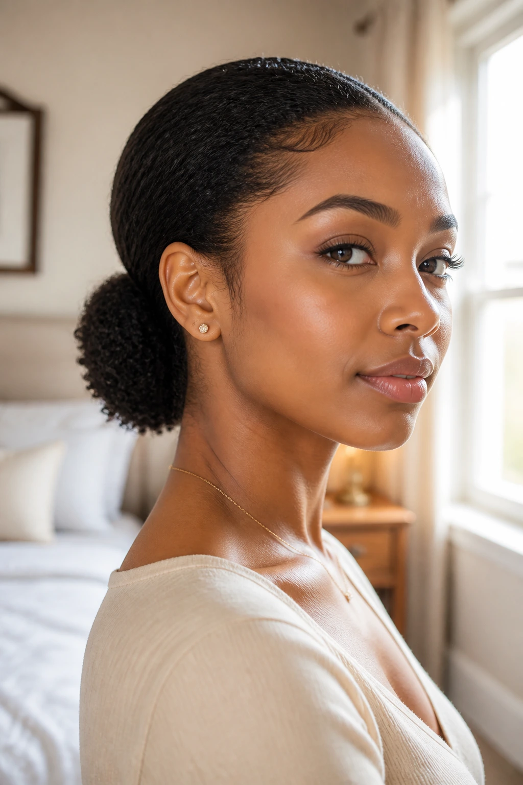 Close-up of a real woman with a soft low puff at the nape and curled hair