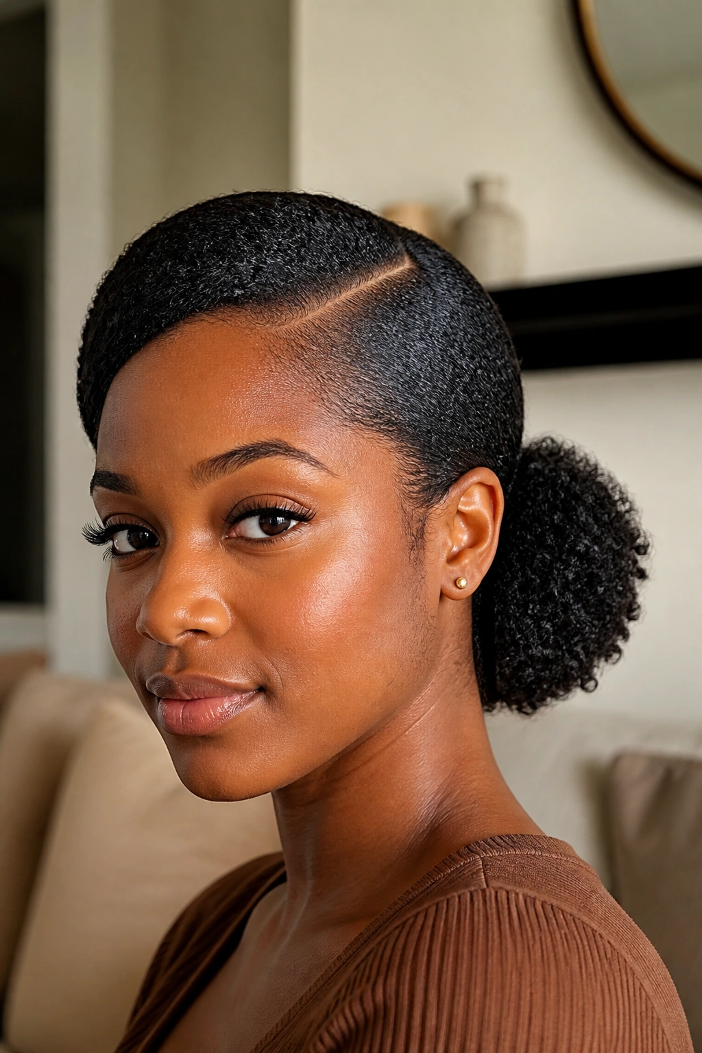 Real person with a low puff and side part, soft lighting