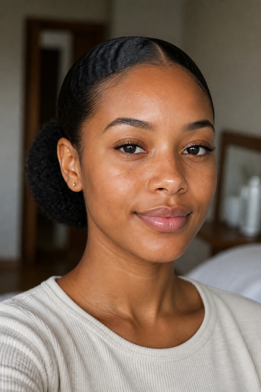 Portrait of a real person with a low puff and sleek front in interior lighting