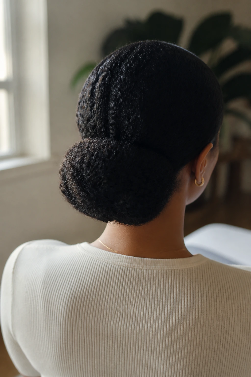 Back view of a real person with a low puff and tucked ends.