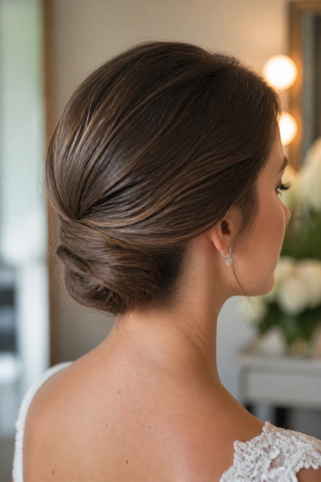 Close-up of a real woman showing a low roll at the nape with hidden pins