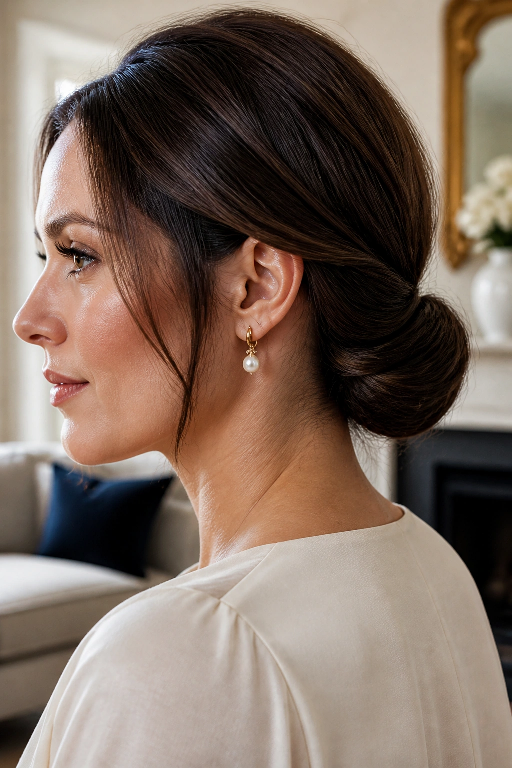 Close-up of a real woman with a tucked low roll at the nape.