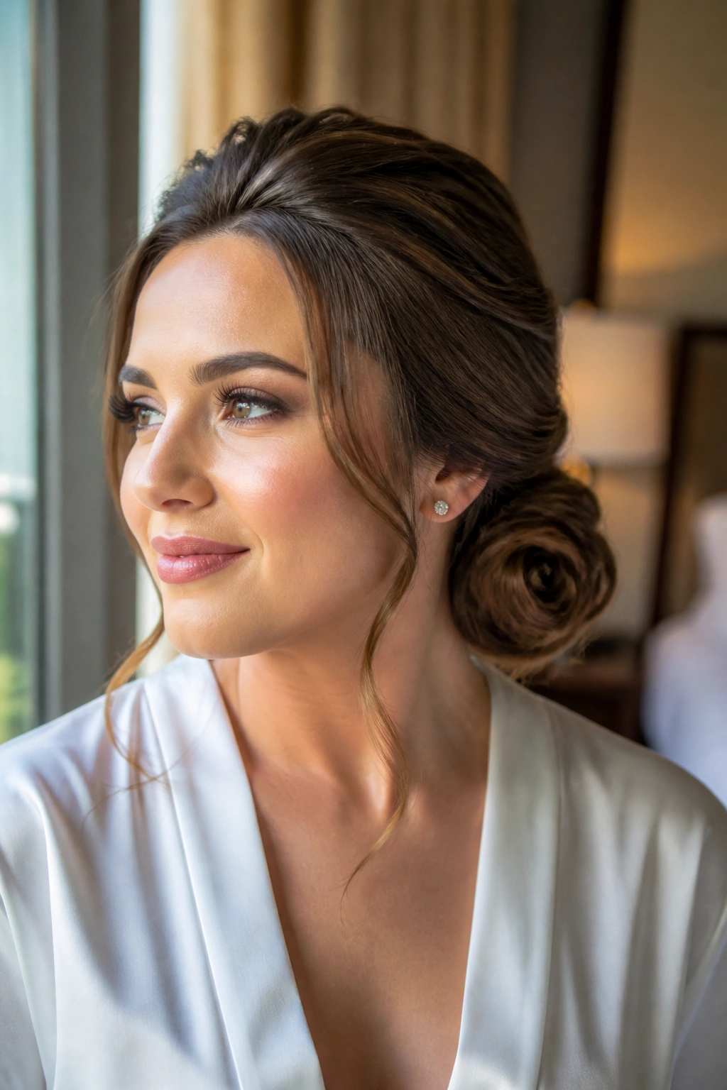 Portrait of a woman with a low rose chignon and lifted crown