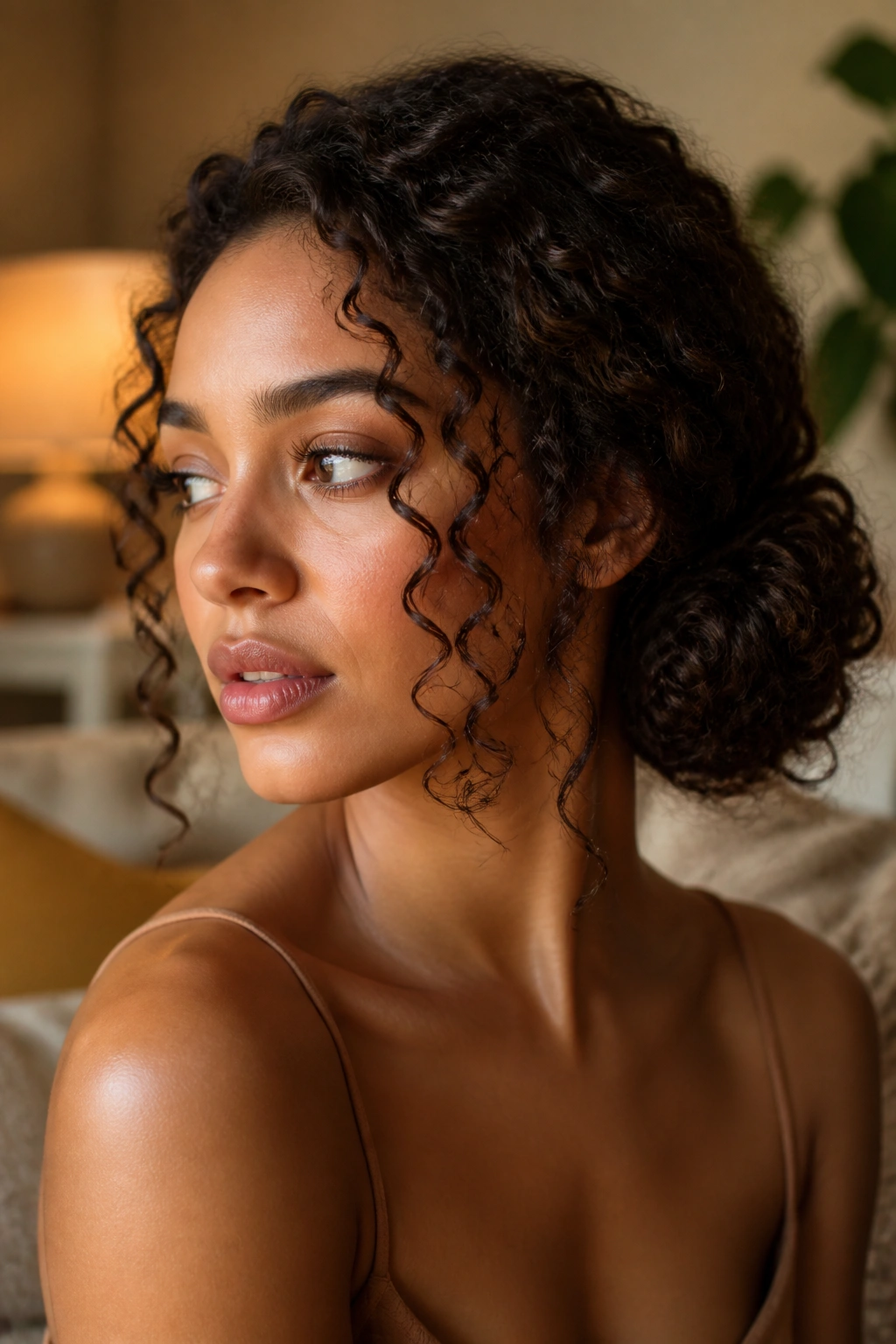 Close-up of a real person with a low side bun and curling tendrils