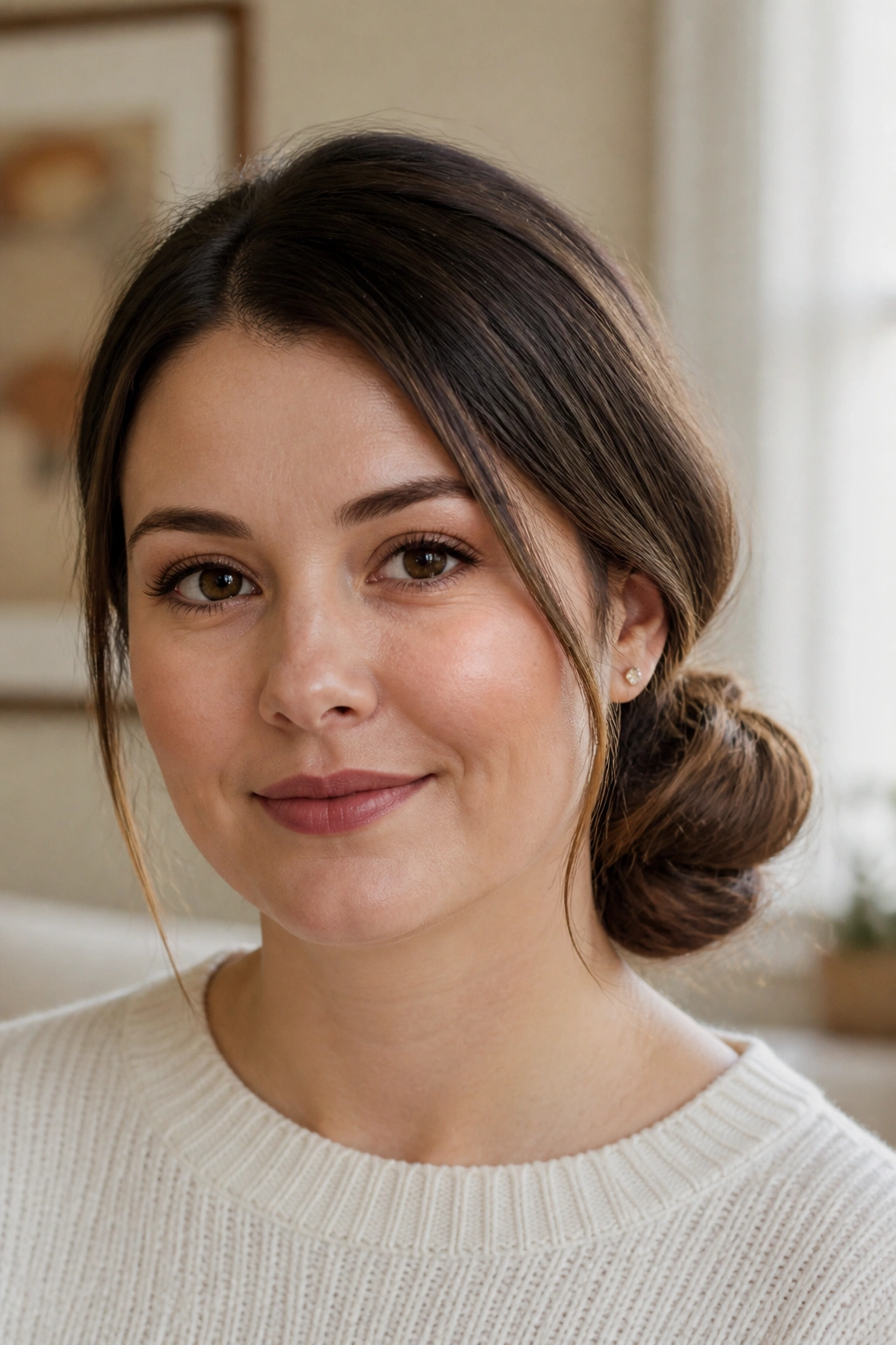 Real woman with a soft low side bun behind the ear