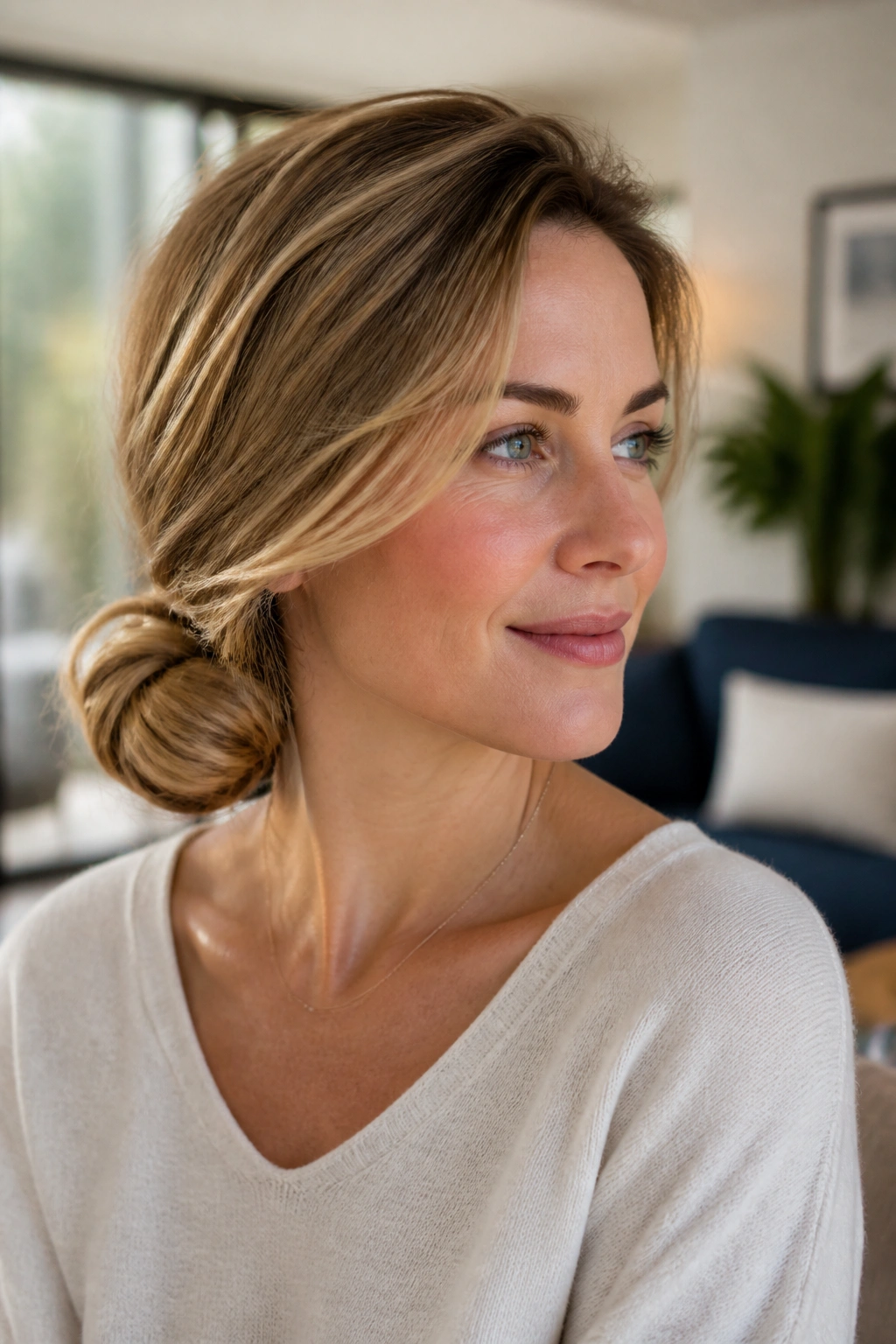 Close-up of real woman with a low side bun and soft crown volume