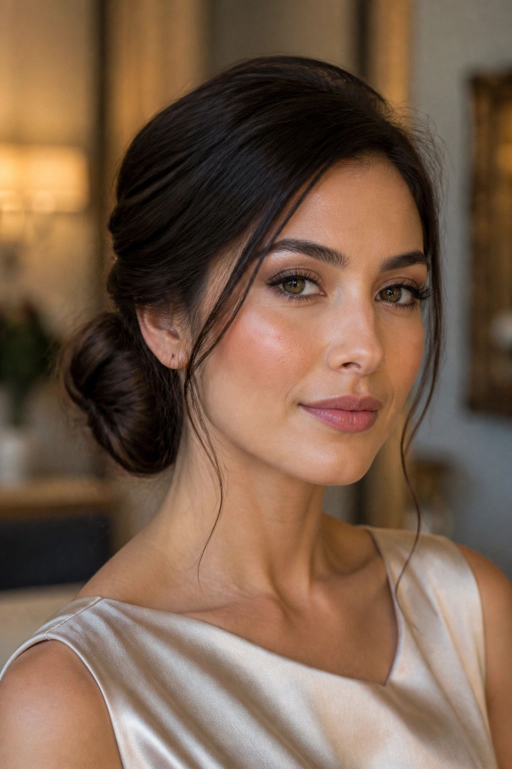 Woman with a low side bun and soft tendrils near temples