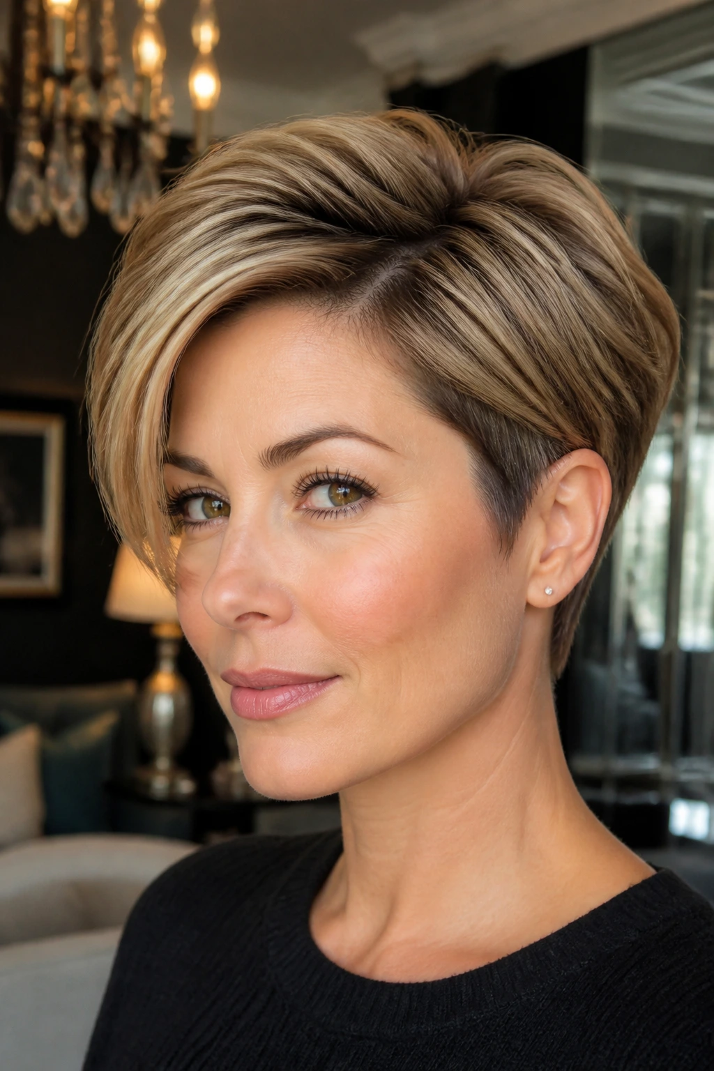Profile portrait of a real woman with a low side part and voluminous crown pixie.