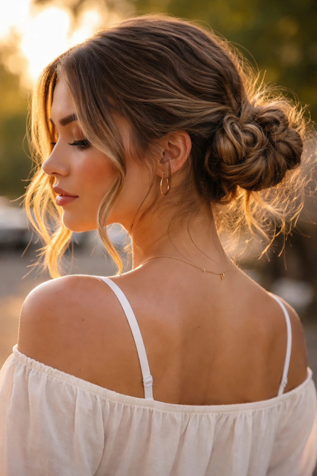 Real woman with two low space buns and waves