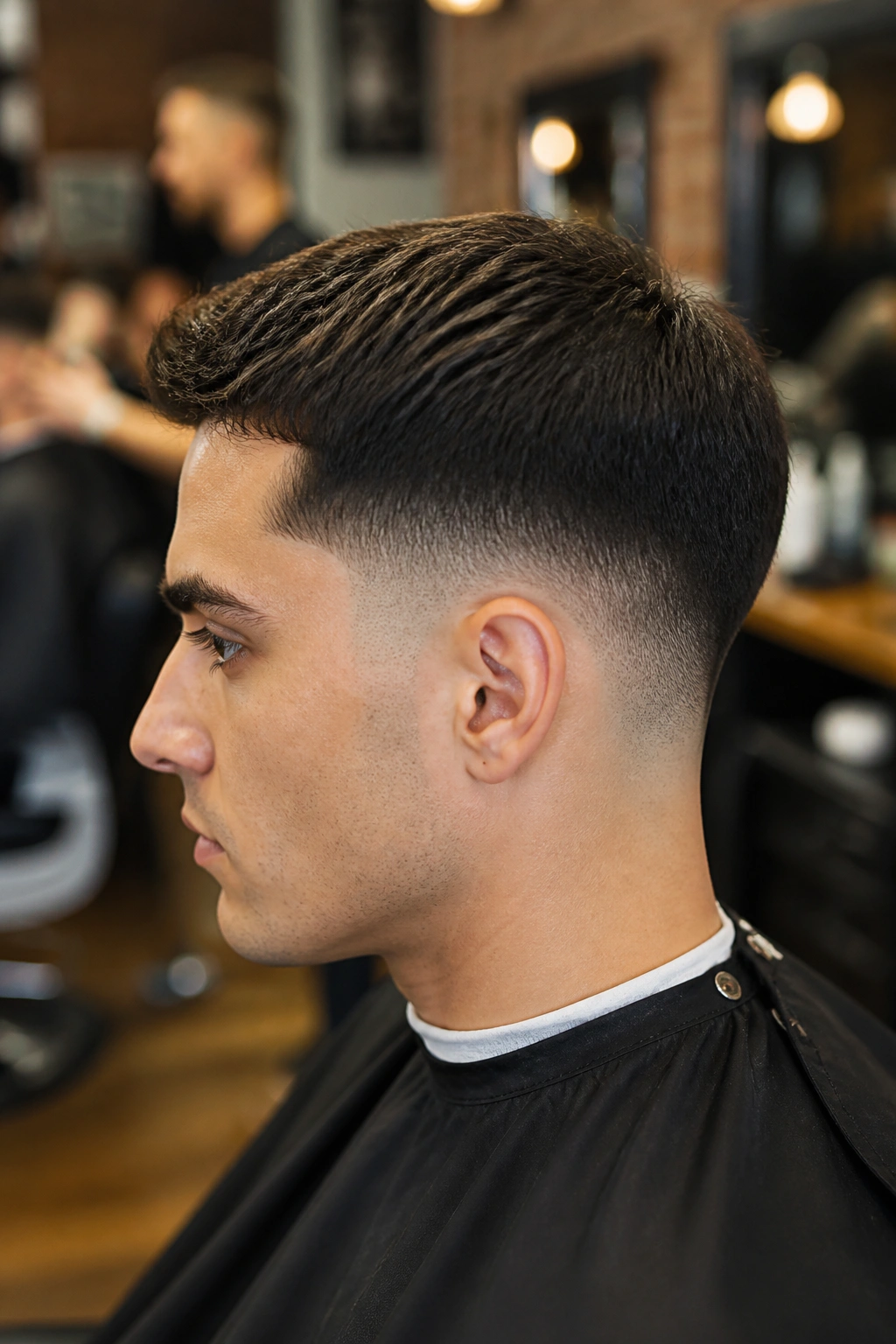 Close-up portrait of man with a low taper fade in a barber shop setting