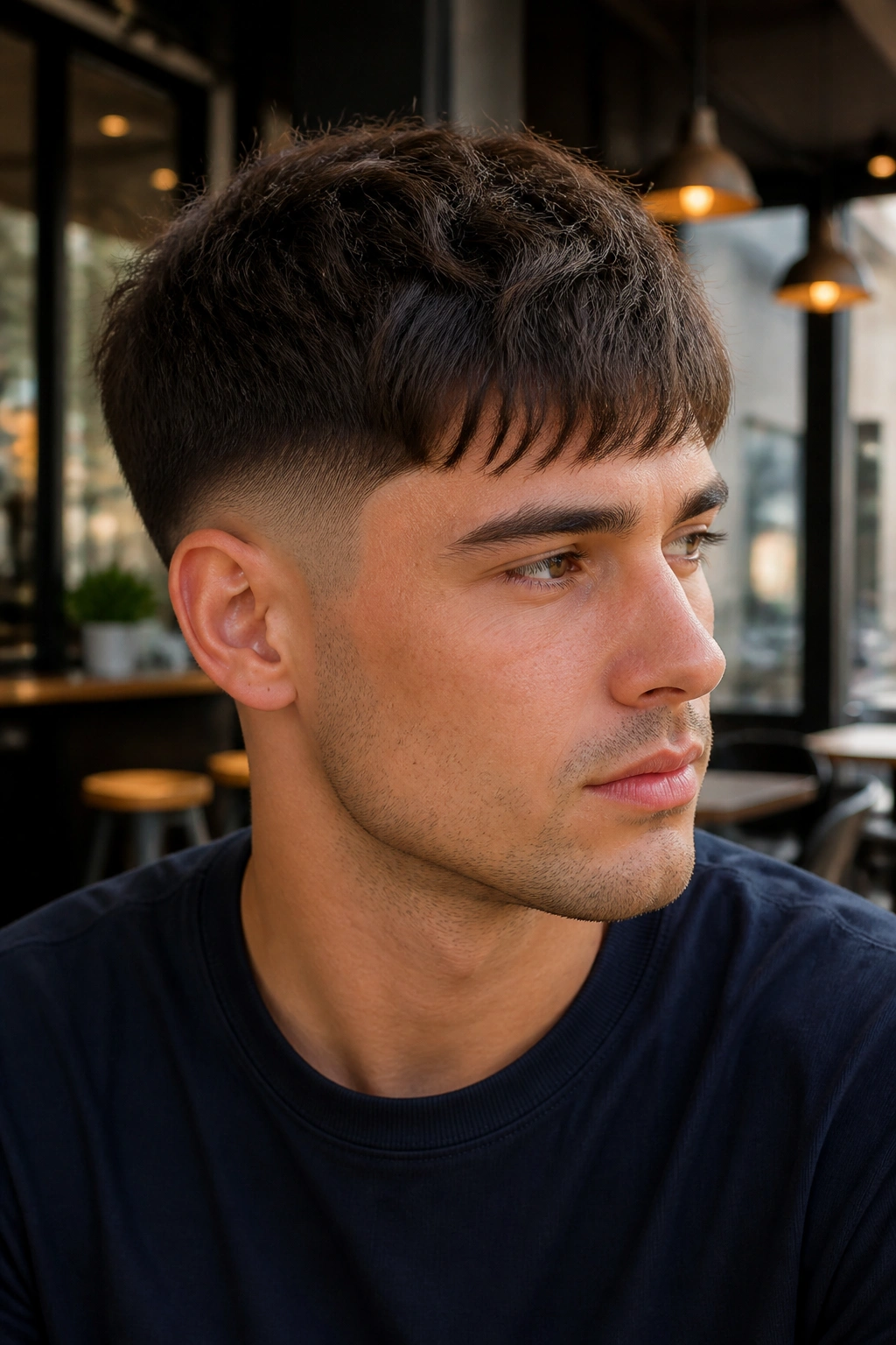 Close-up of a man with a low taper fade and fringe