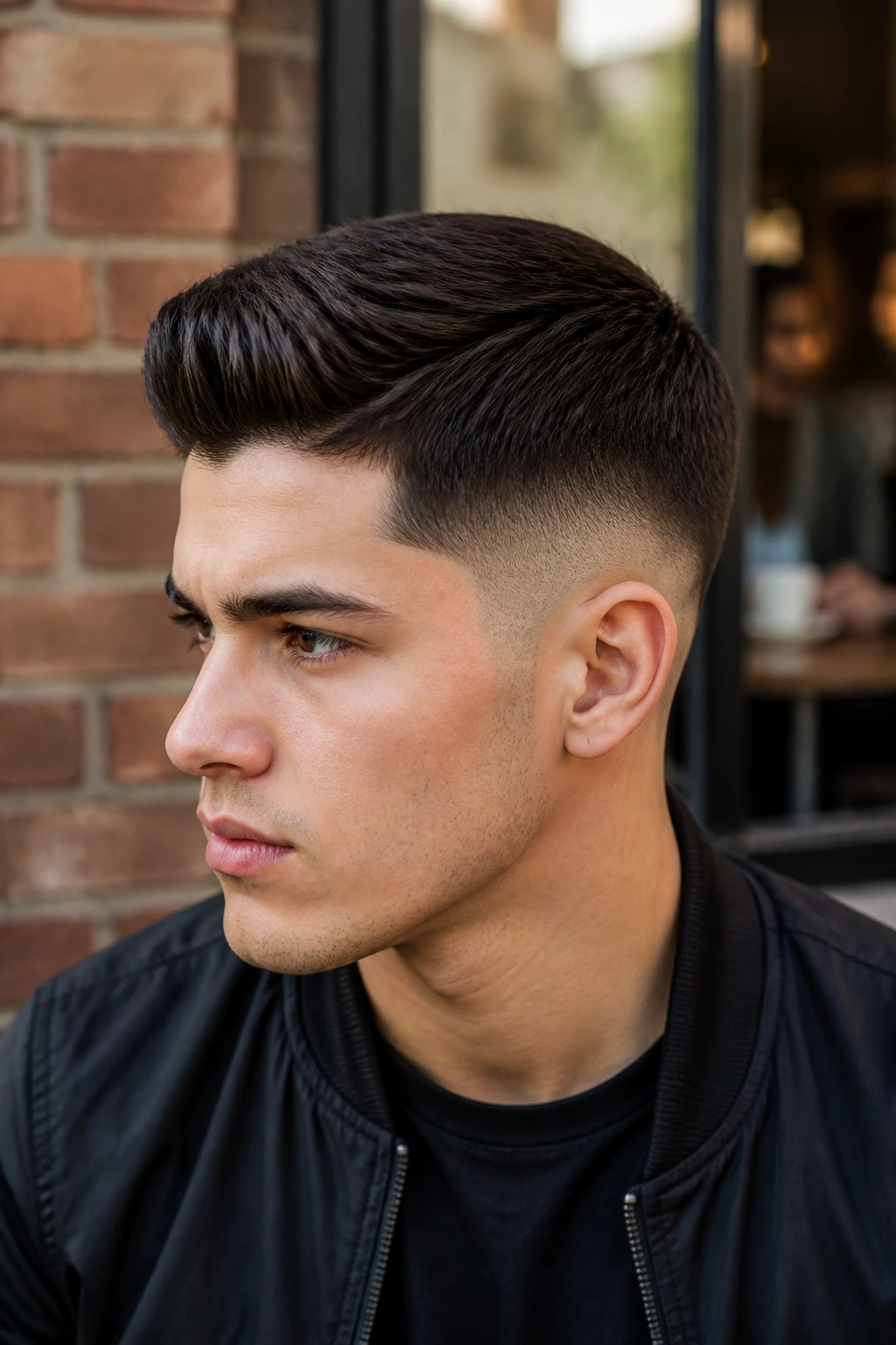 Close-up portrait of a man with a low taper fade on the sides in street cafe