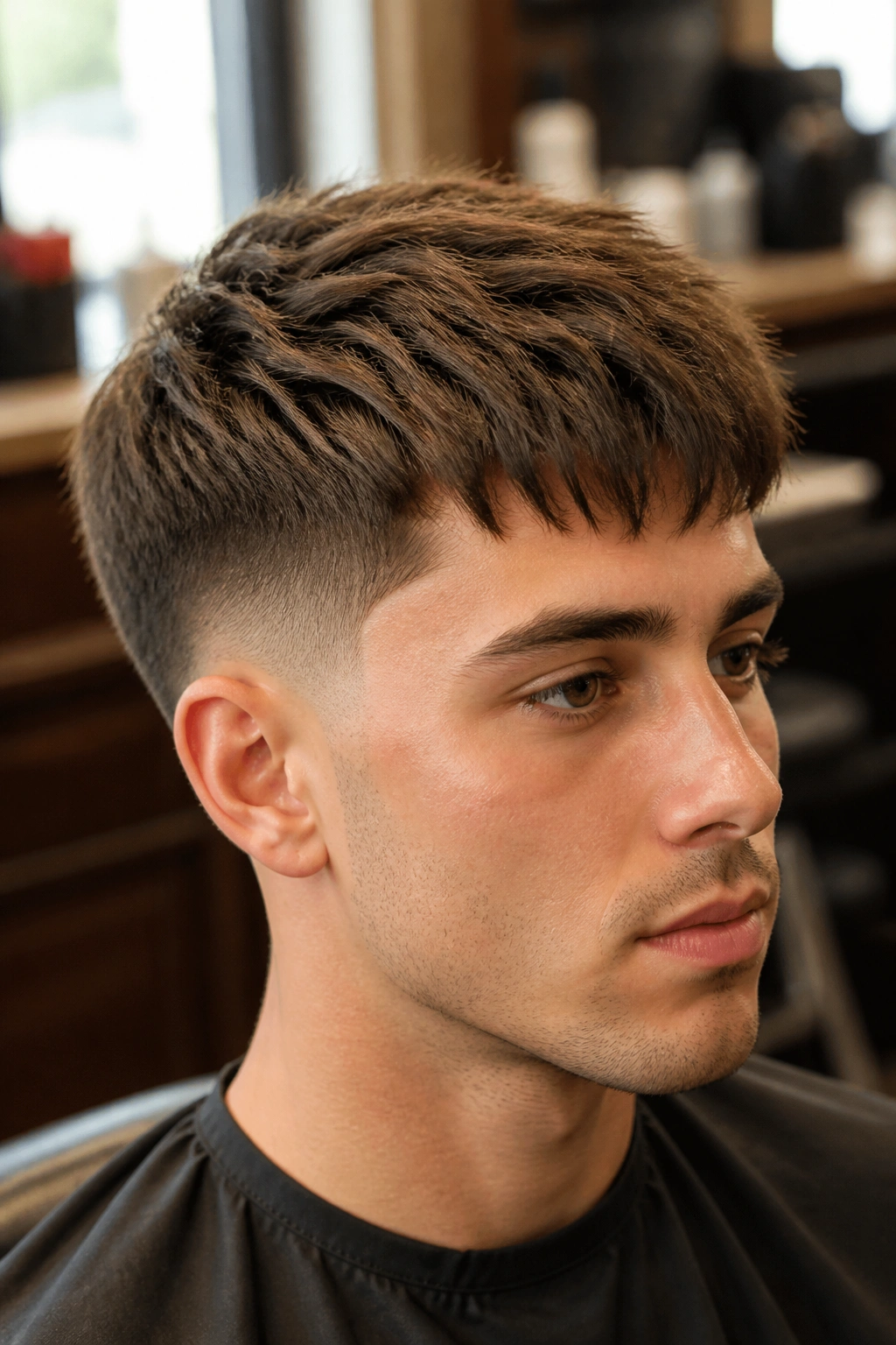 Close-up portrait of a man with a low taper fade and layered top in a barber shop