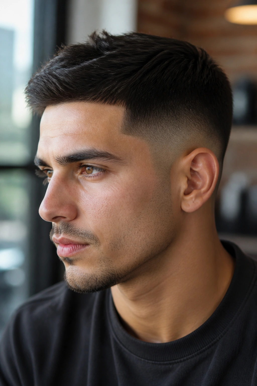 Close-up of a man with a low taper fade in a modern indoor setting