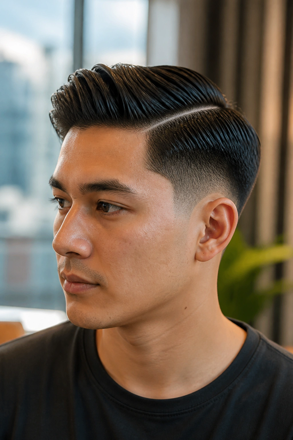 Close-up of a man with a low taper fade and side part hairstyle in natural light