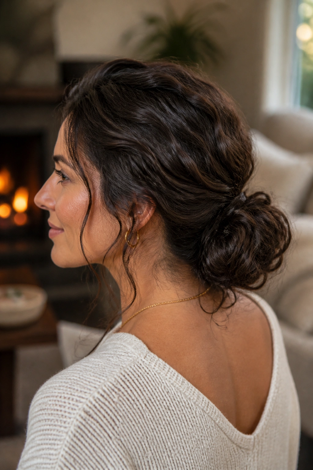 Close-up of a real woman with a low textured bun in thick wavy hair
