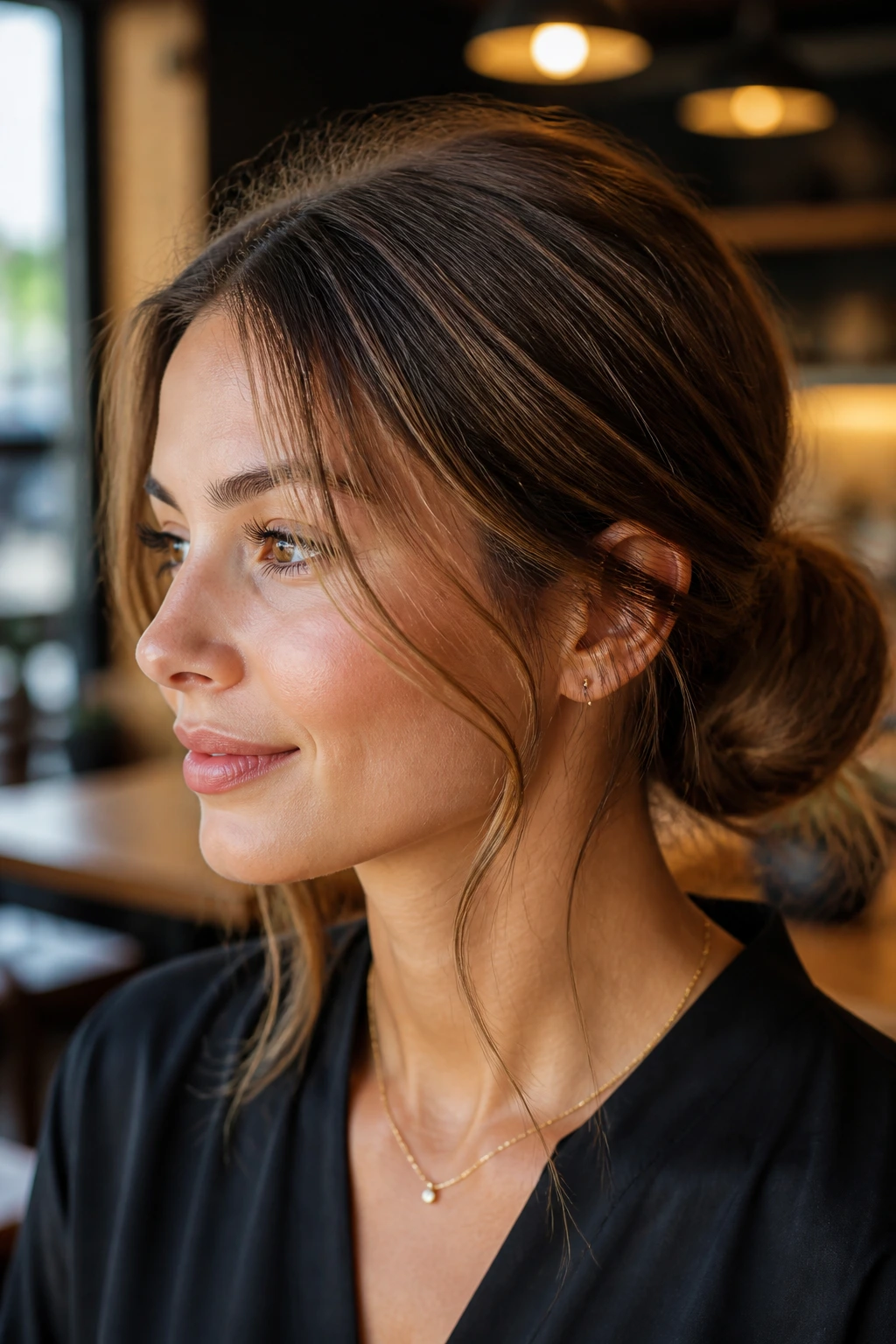 Close-up of a woman wearing a low twist bun with loose face-framing pieces