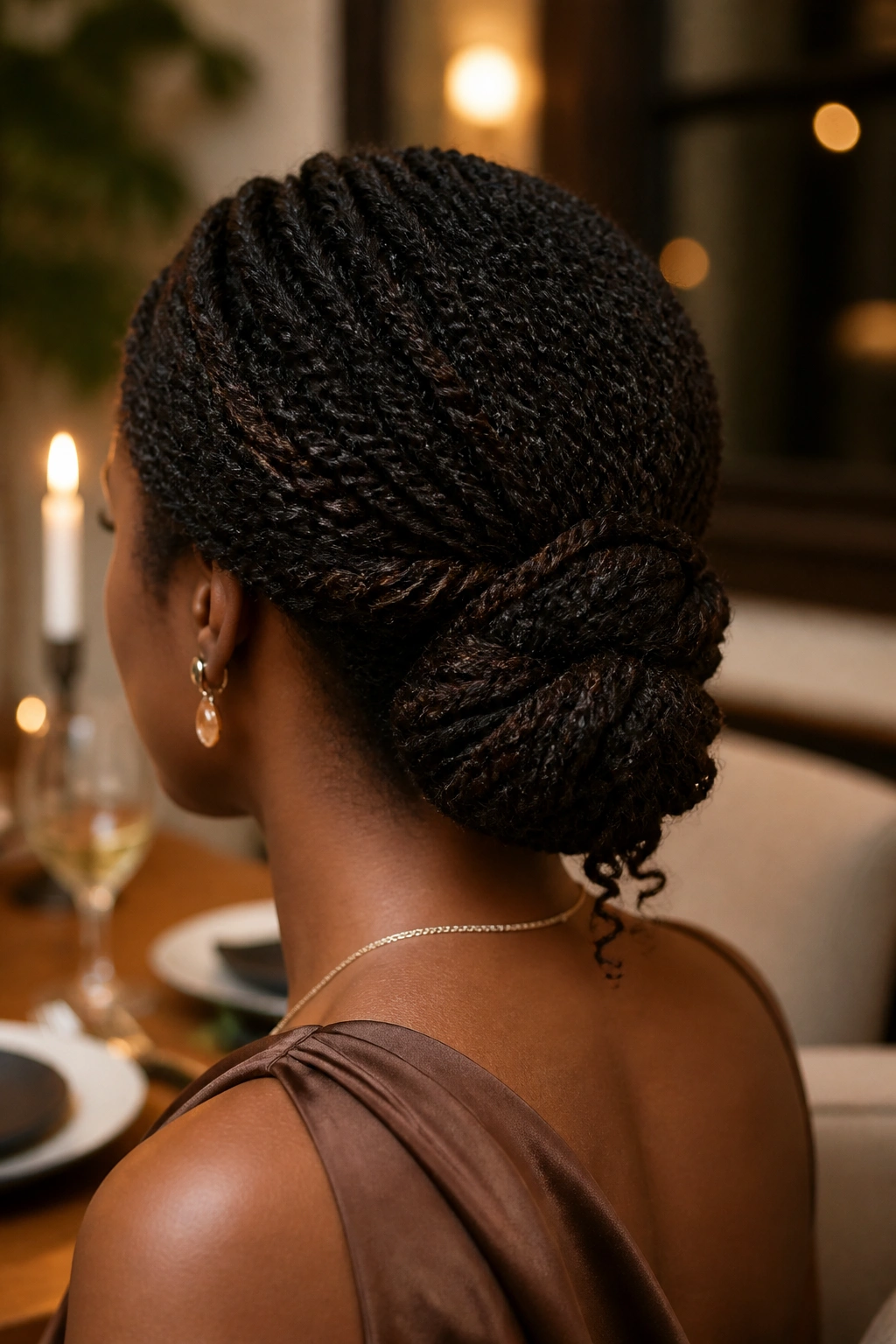 Rear three-quarter portrait of a real woman with a tucked low twist chignon at the nape
