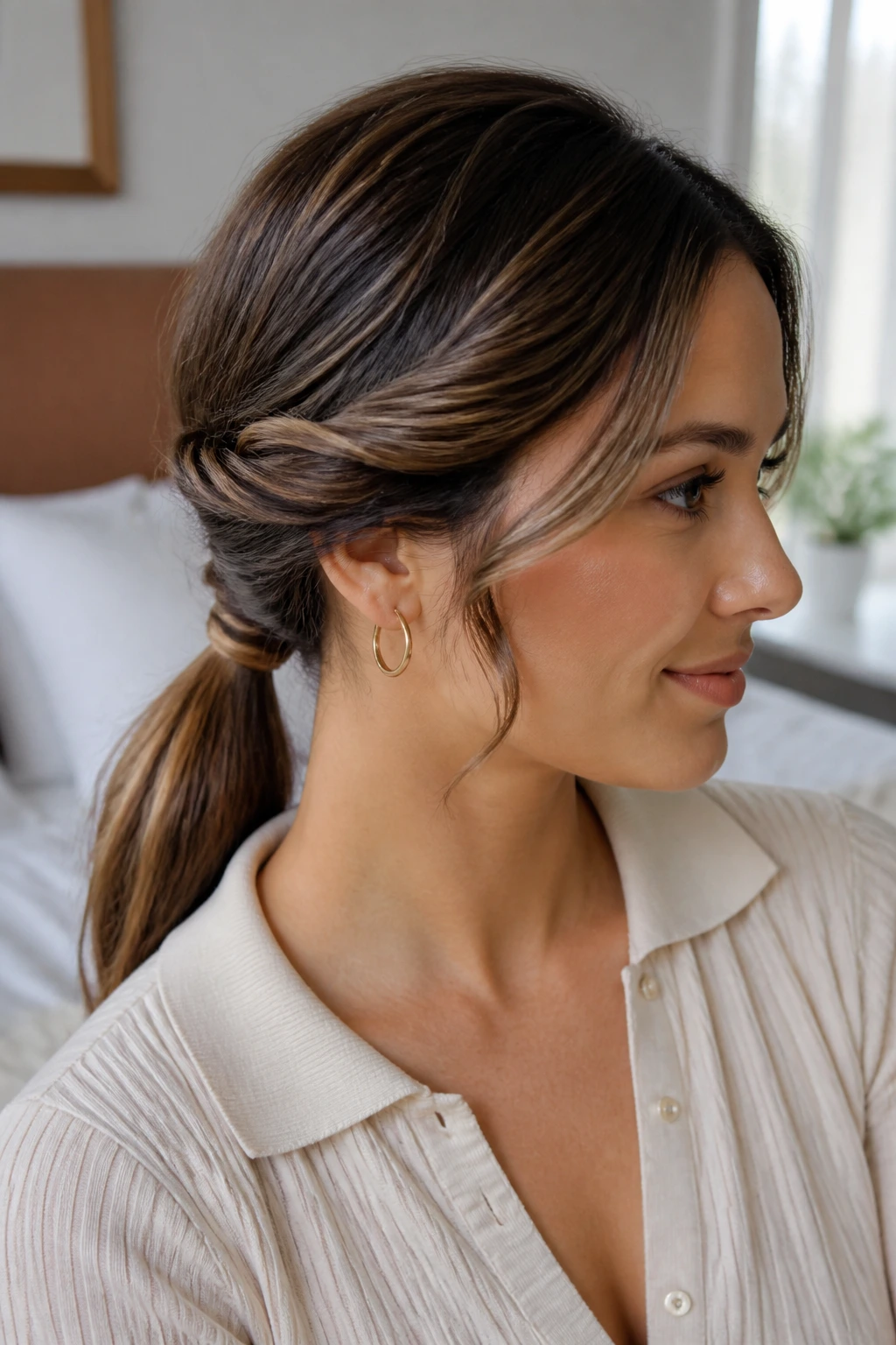 Close-up of a real woman with a low twist ponytail at the nape, window-light backdrop