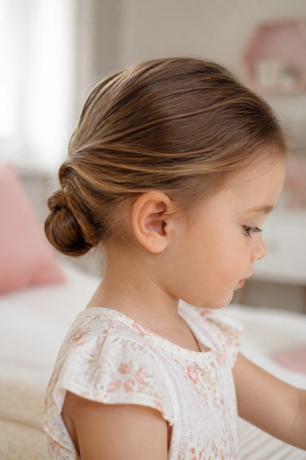 Close-up of a toddler with a low twisted bun at the nape in a cozy nursery