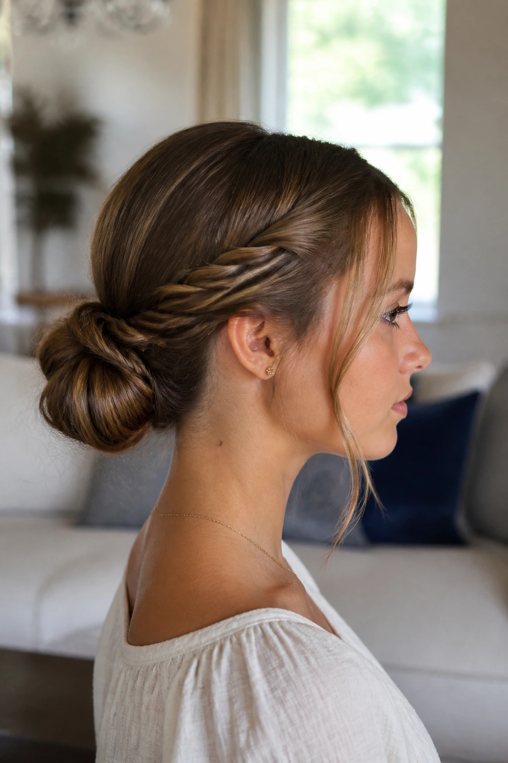 Side profile of girl with a low twisted bun at the nape